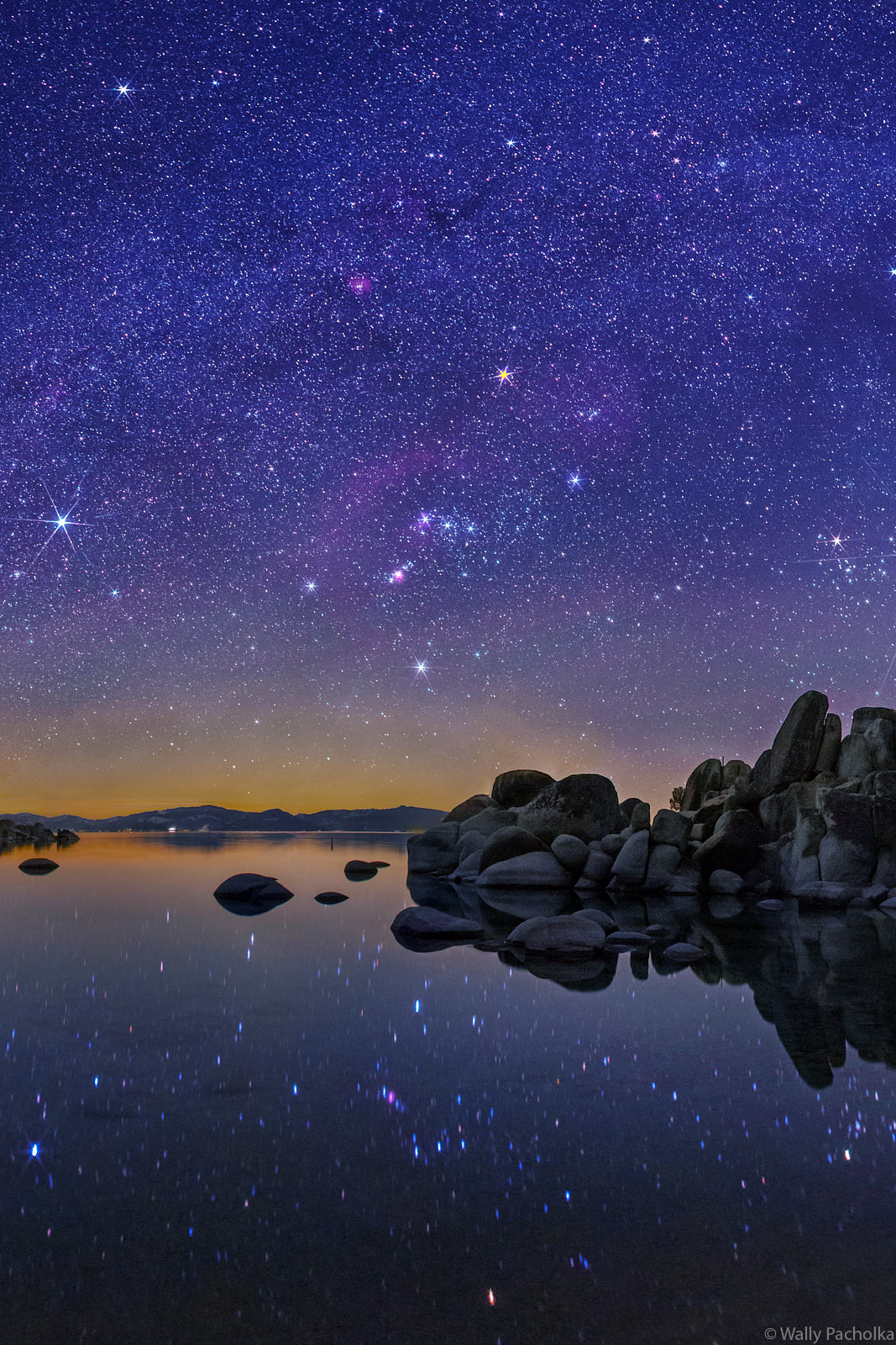 A beautiful night with Orion glowing over Sand Harbor in Lake Tahoe.